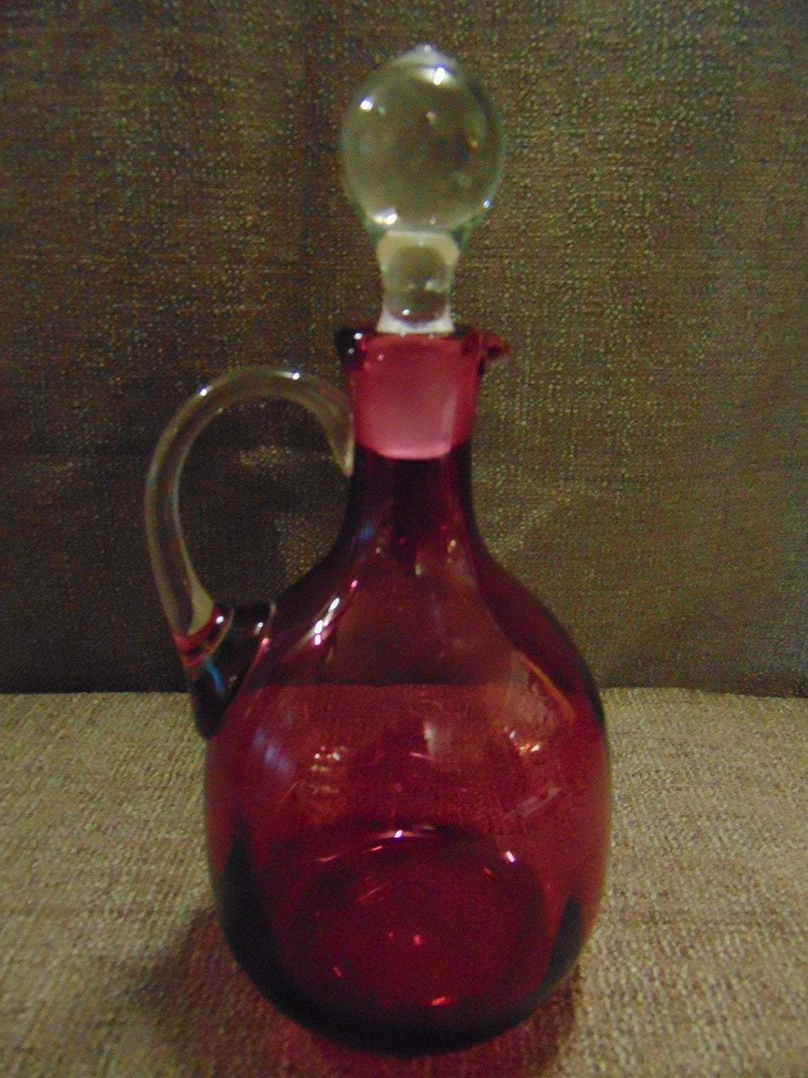 Cranberry Glass Decanter With 6 Glasses photo for sale