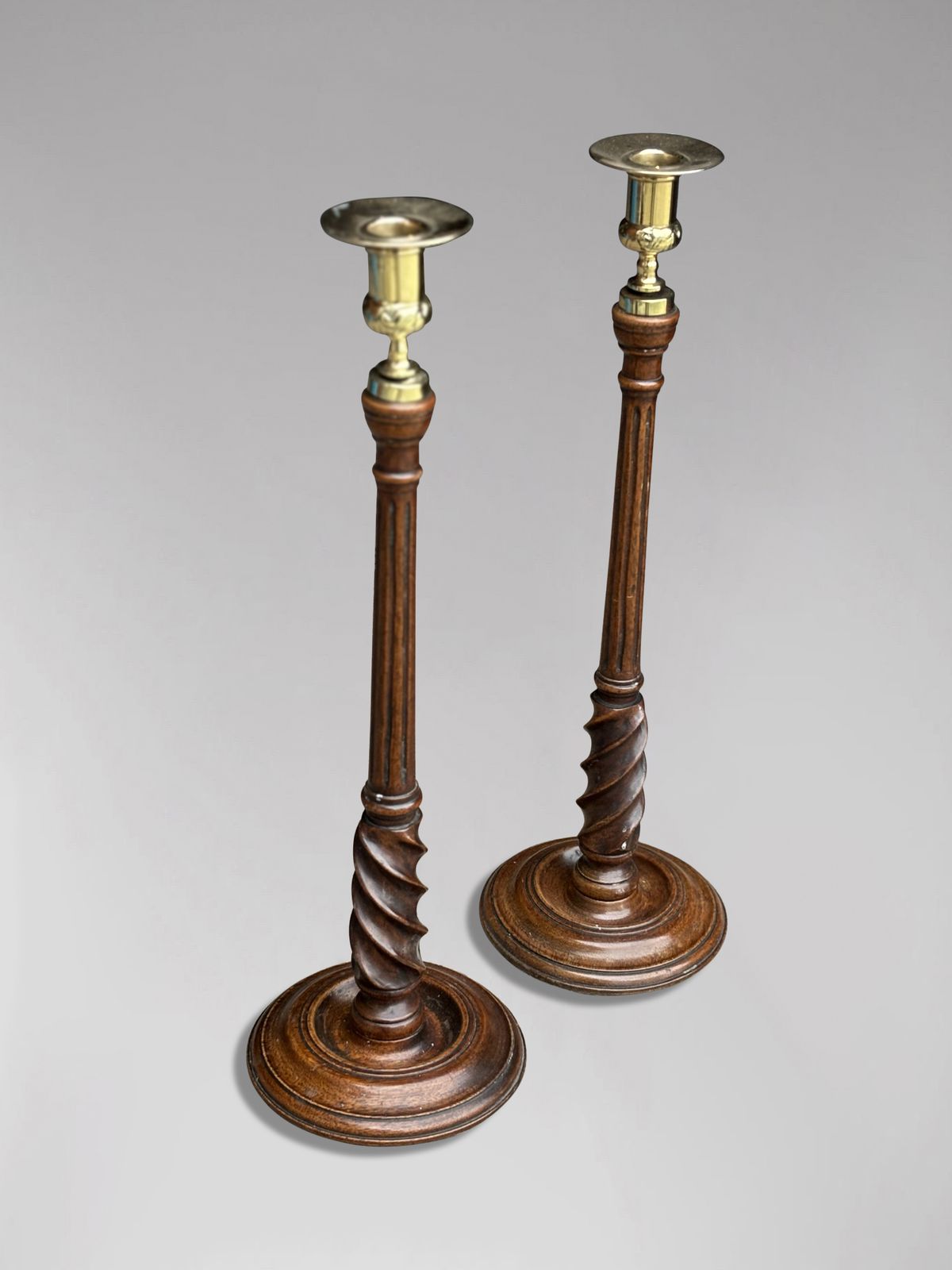 Pair Of 19th Century Scottish Mahogany & Brass Candlesticks photo for sale