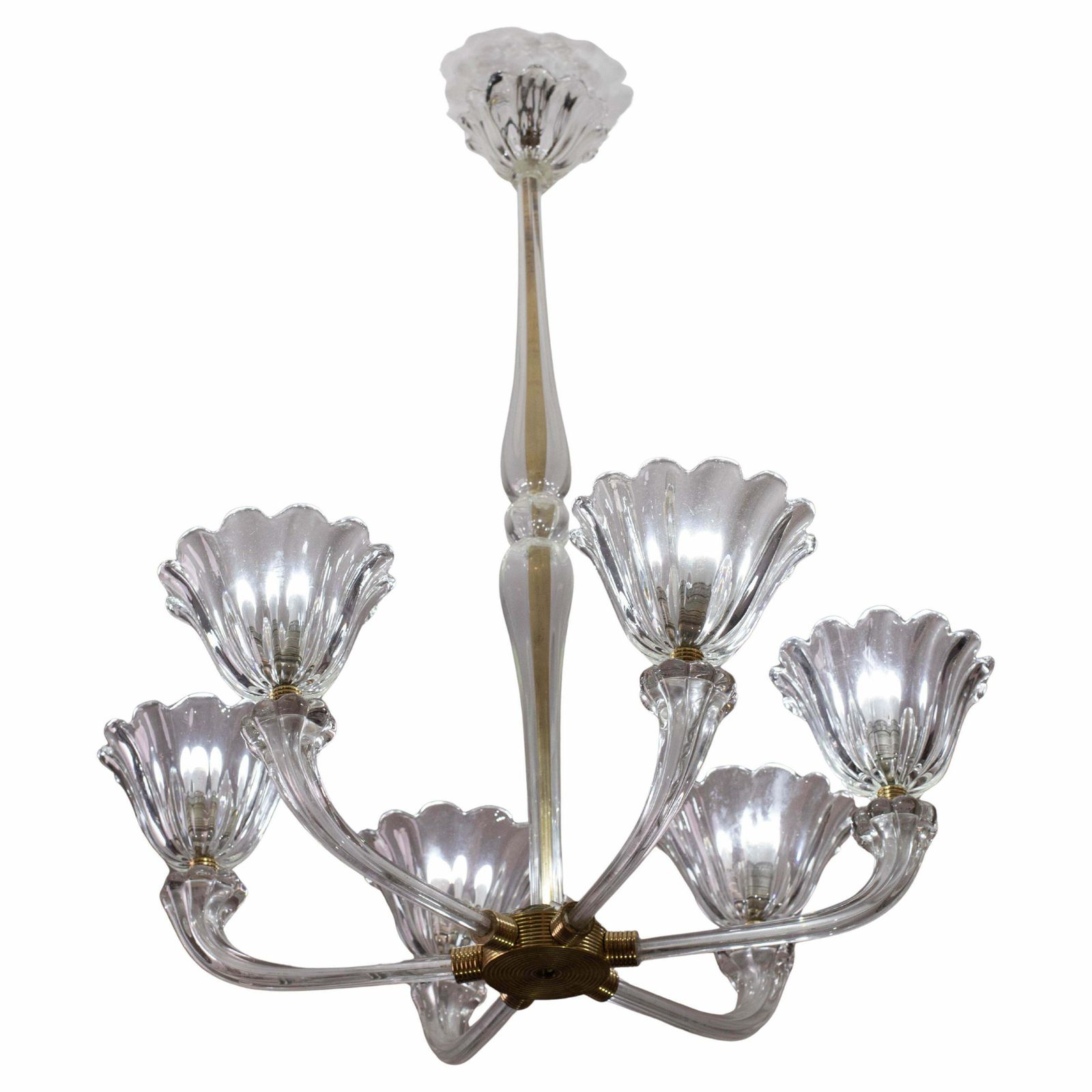 Mid Century Venetian Art Deco Murano Blown Glass Six Light Chandelier By Seguso