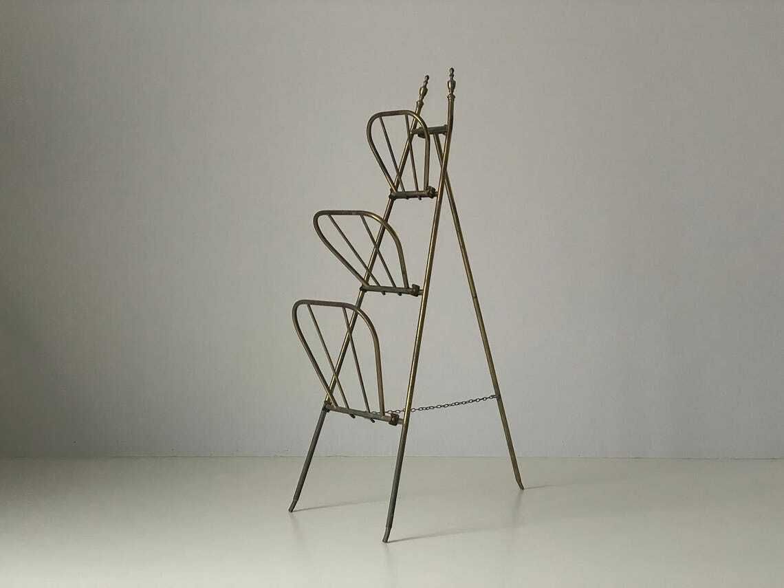 Mid Century Italian Brass 3 Tier Folding Magazine Rack Stand 1950s  Italy photo furniture