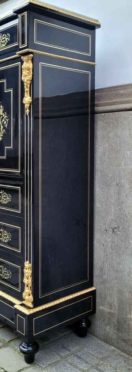 Napoleon III Secretary In Blackened Pear Wood   Brass Marquetry photo Furniture
