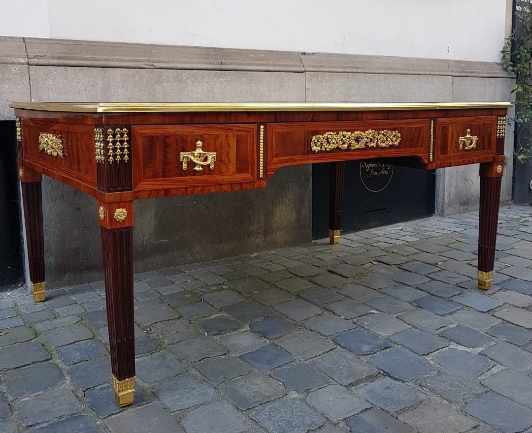 Beautiful And Large Louis XVI Style Desk   Several Species Of Fruitwood   Gilt Bronze Hardware   Leather photo for sale