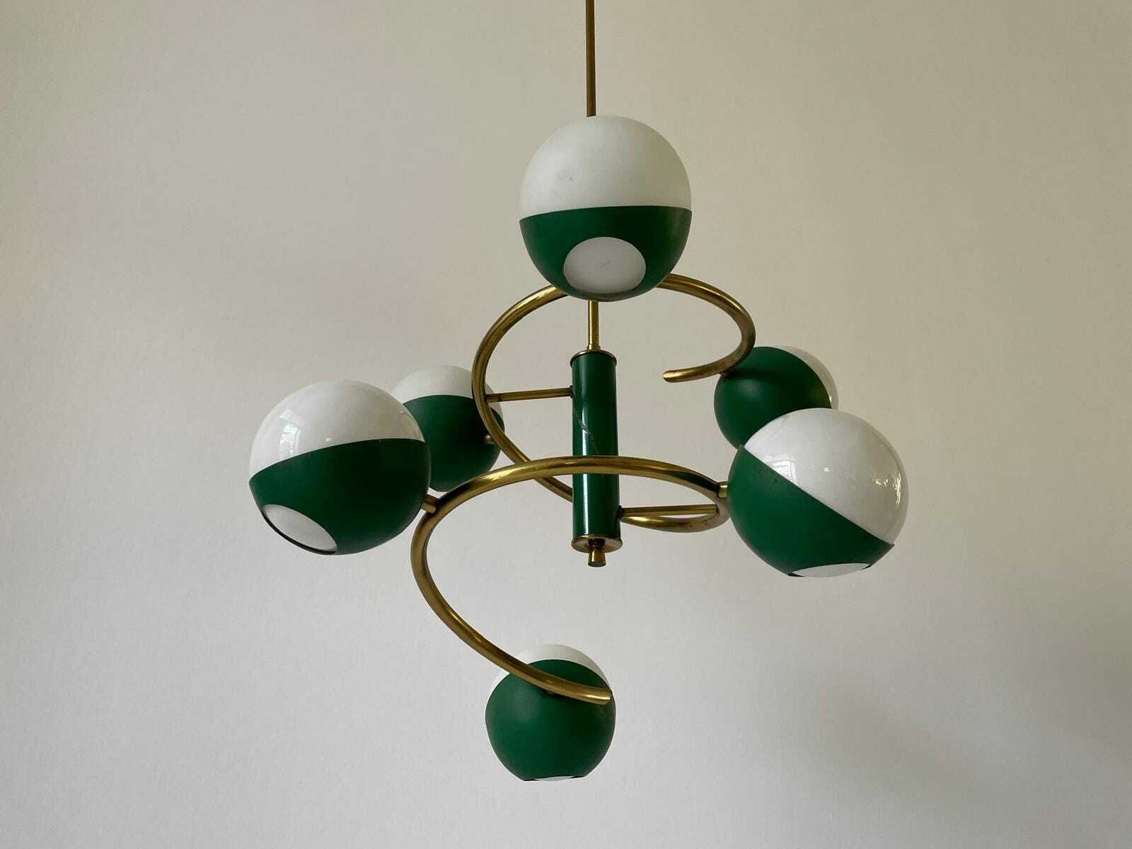 Exclusive Green Metal And Glass 6 Head Space Age Chandelier With Brass Circular Body, 1960s, Italy photo for sale