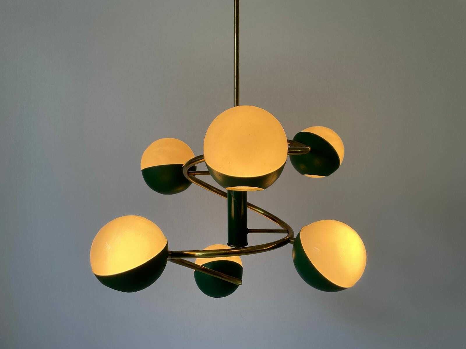 Exclusive Green Metal And Glass 6 Head Space Age Chandelier With Brass Circular Body, 1960s, Italy photo vinterior