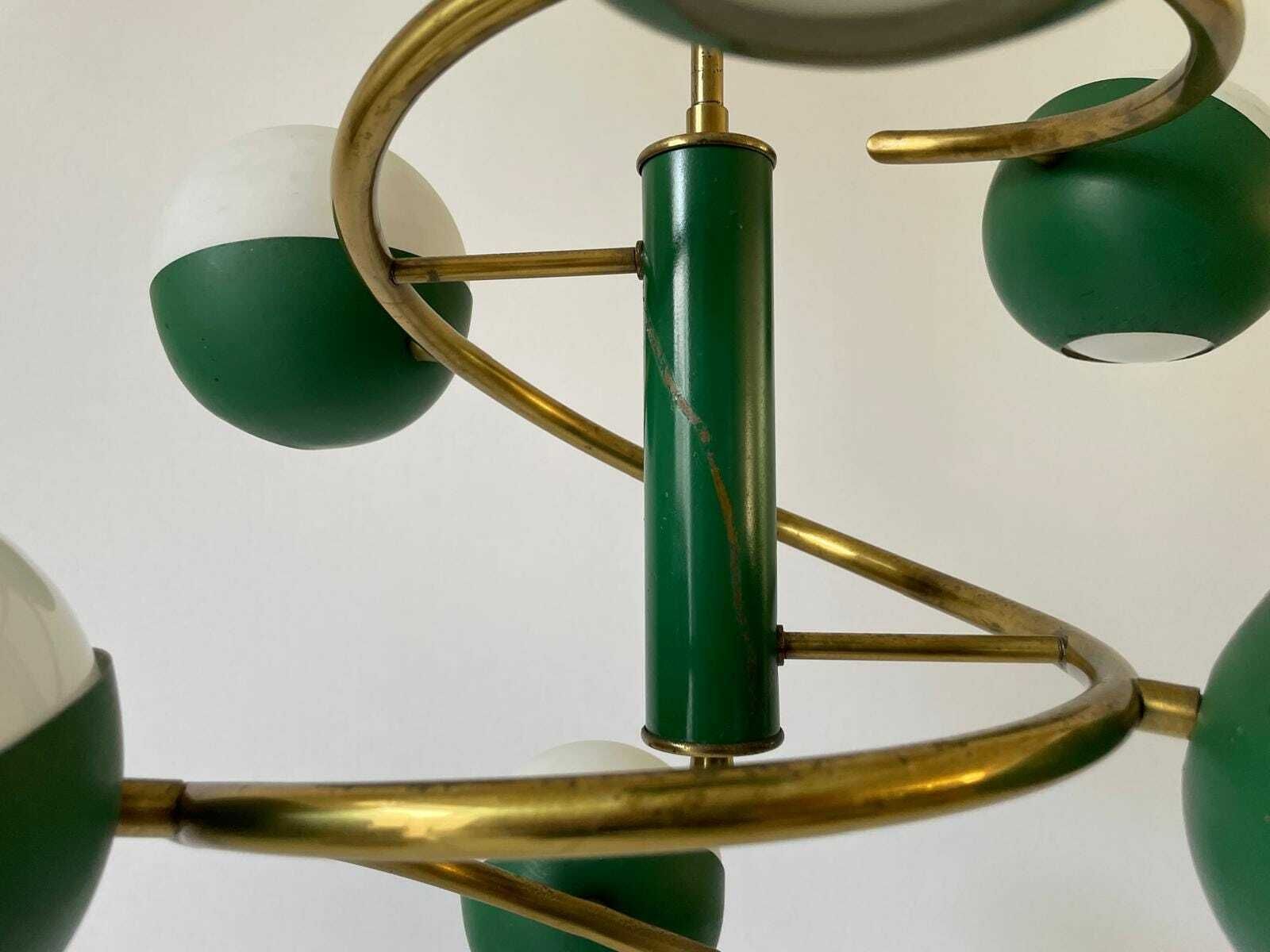 photo furniture Exclusive Green Metal And Glass 6 Head Space Age Chandelier With Brass Circular Body, 1960s, Italy