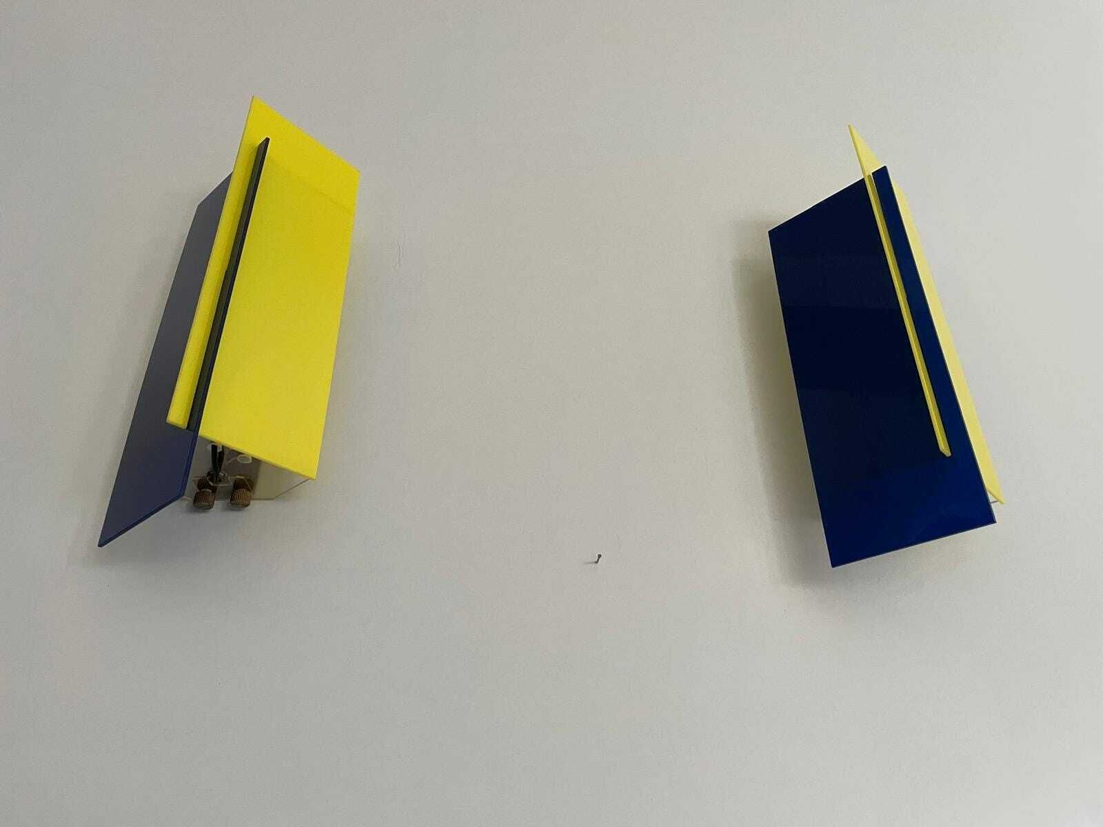 Italian Design Yellow And Dark Blue Plexiglass Shade Pair Of Sconces, 1950s, Italy photo vinterior