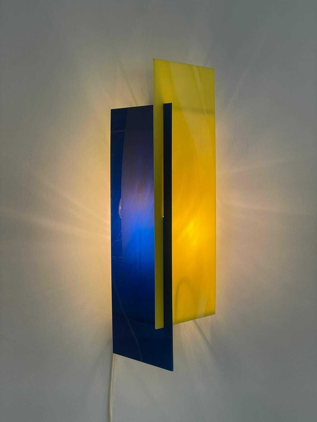 photo for sale Italian Design Yellow And Dark Blue Plexiglass Shade Pair Of Sconces, 1950s, Italy