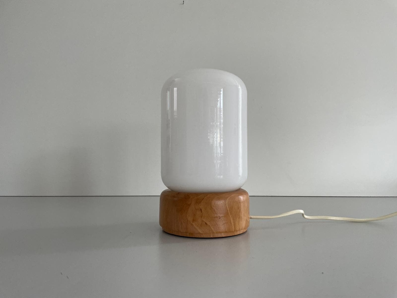Italian Opaline Glass Small Table Lamp With Wood Base, 1970s, Italy