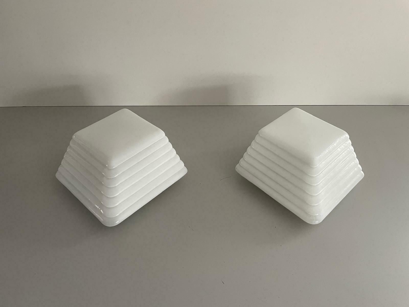Unusual Layered Design Milk Glass Pair Of Sconces By Leucos, 1970s, Italy photo for sale