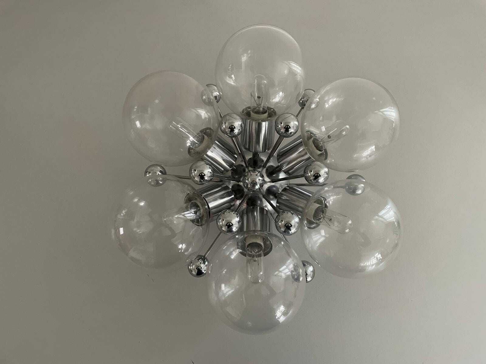 Italian 6 Ball Glass And Chrome Body Atomic Flush Mount Light, 1960s, Italy photo vinterior
