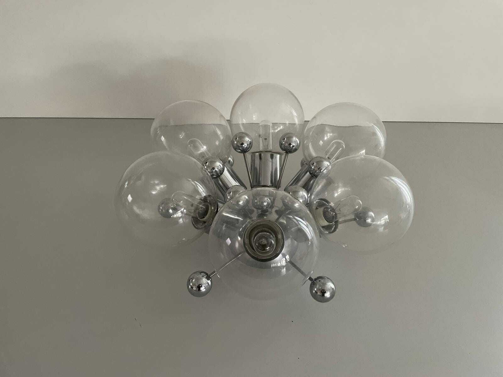 photo for sale Italian 6 Ball Glass And Chrome Body Atomic Flush Mount Light, 1960s, Italy