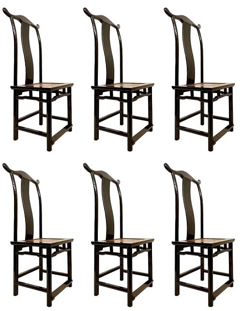 Set Of 6 Chinese Chairs In Black Lacquered Wood