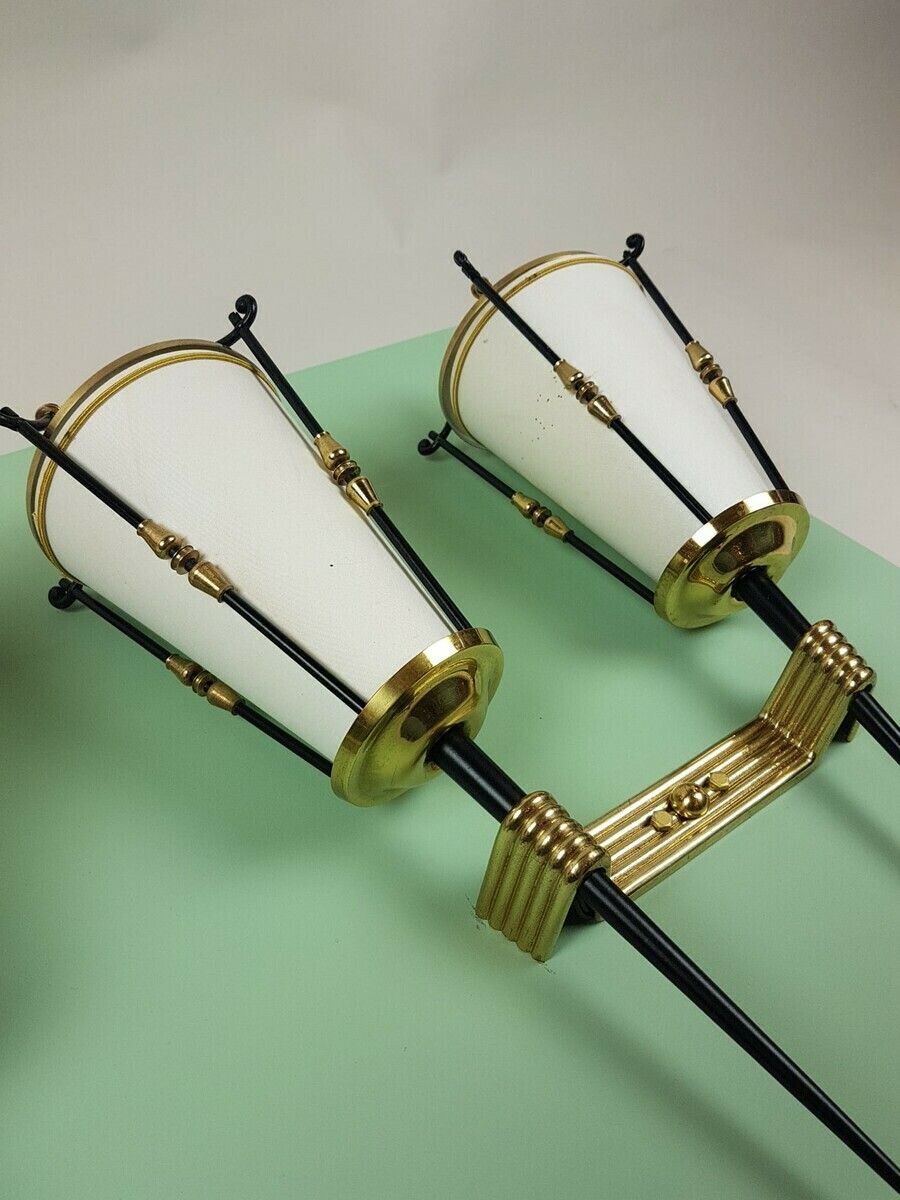 M. Kobis And R Lorence, Pair Of Double Sconces In Sheet Metal And Wrought Iron, Circa 1950 photo for sale