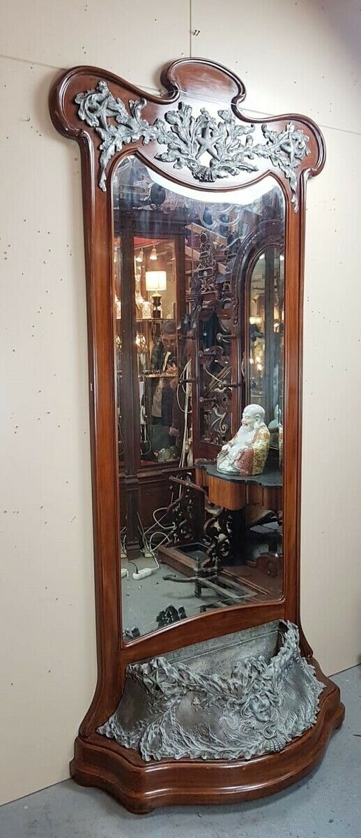 Art Nouveau Hall Mirror In Mahogany And Pewter Forming A Planter photo Home Decor