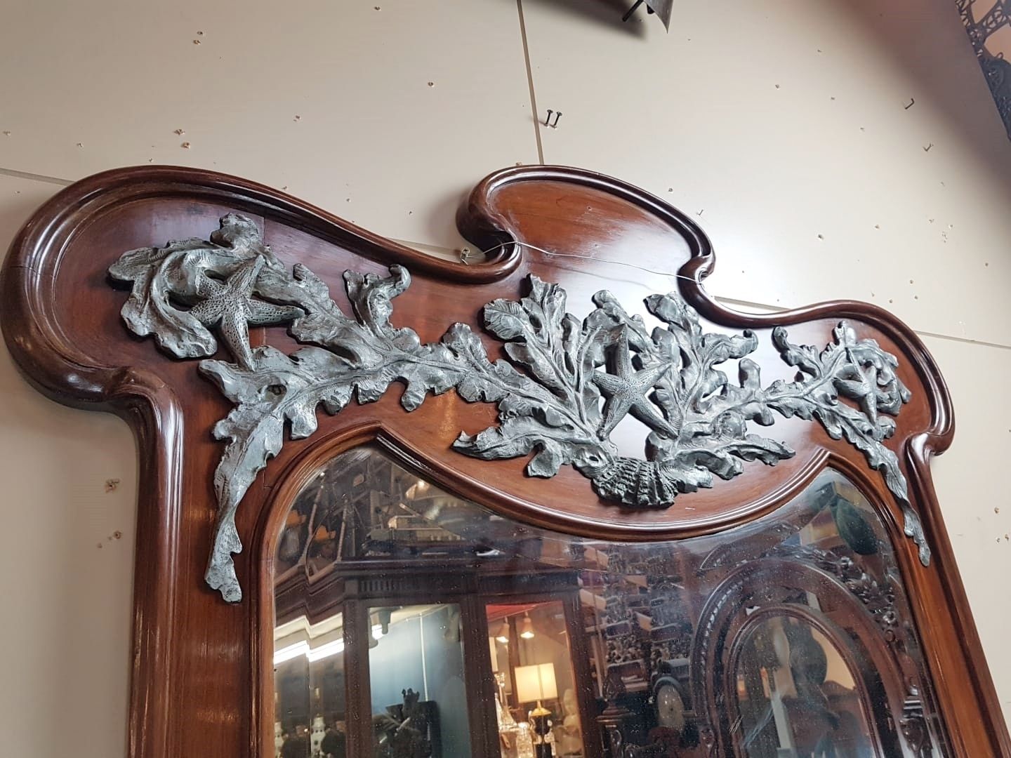 Art Nouveau Hall Mirror In Mahogany And Pewter Forming A Planter photo 6200.0