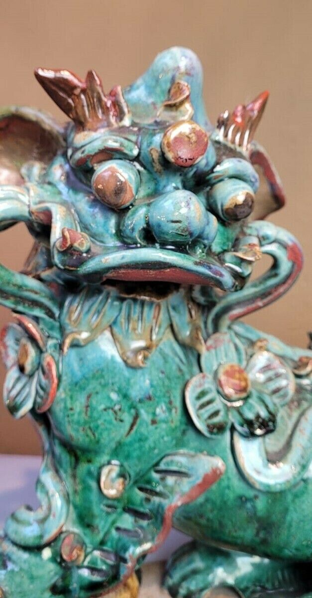 Pair Of Glazed Ceramic Foo Dogs   First Half Of The 20th Century photo Art