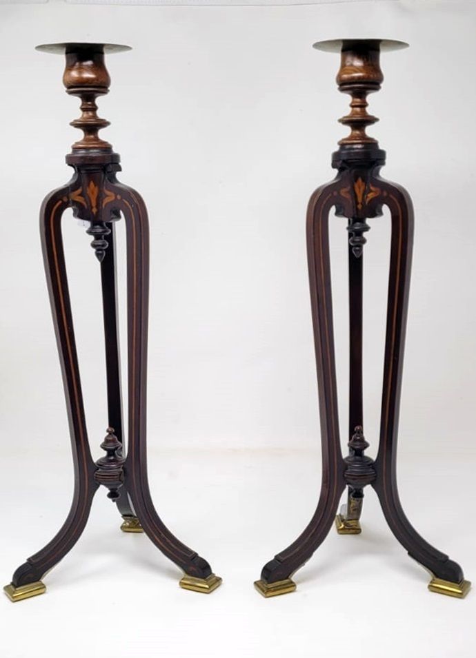 Pair Of Mahogany Marquetry Candlesticks   Tripod Base   Gilded Bronze Shoes