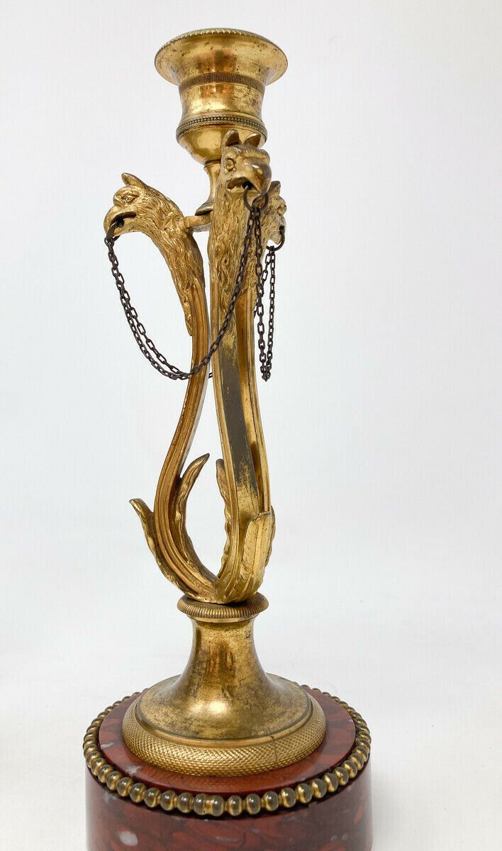 Finely Chiseled Bronze Candlesticks With Chimera Heads   Morello Cherry Marble photo buy