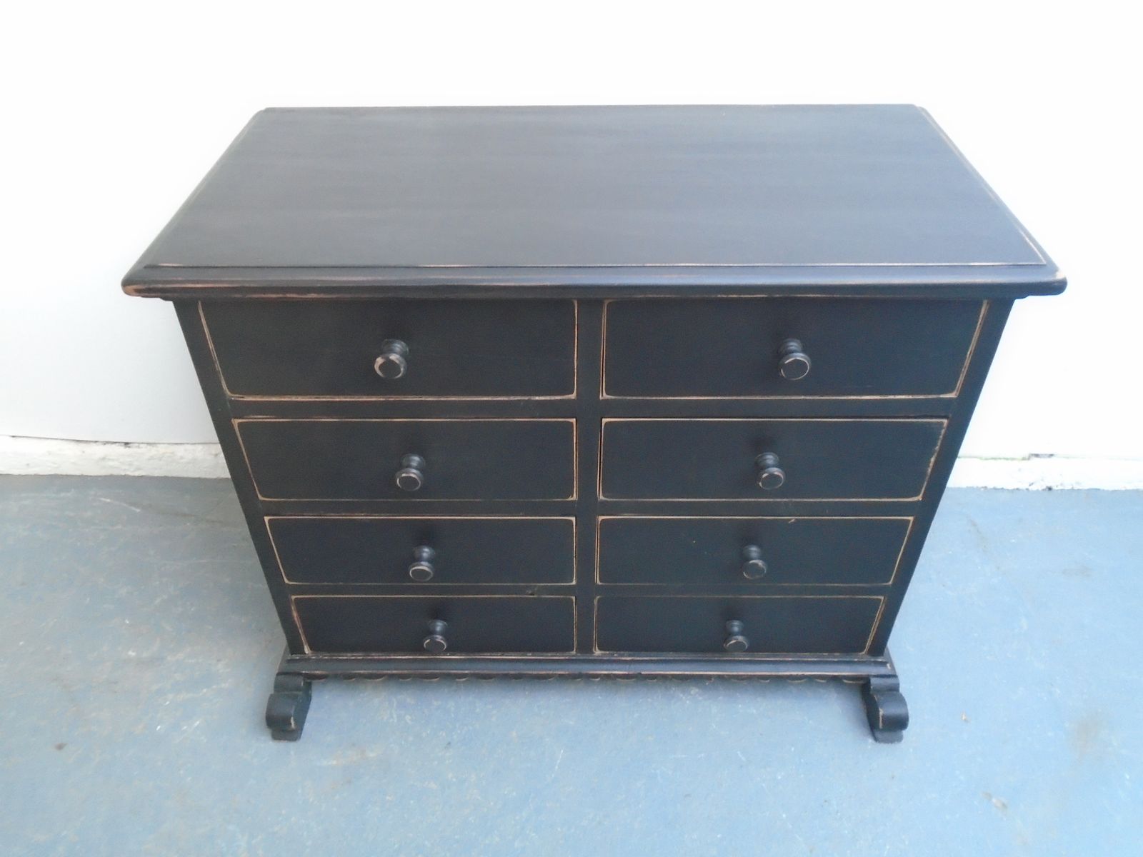 A Low & Wide Painted Black Victorian Pine 8 Drawer Chest Of Drawers photo Furniture