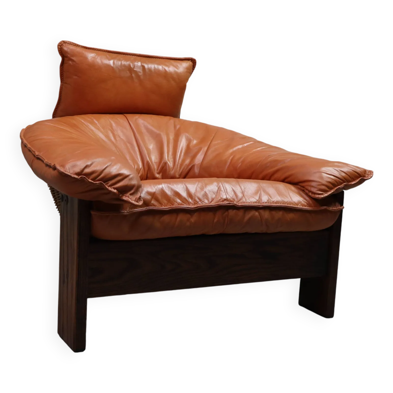 Vintage Three Legged Lounge Chair In Leather, Rattan And Oak, Netherlands photo furniture