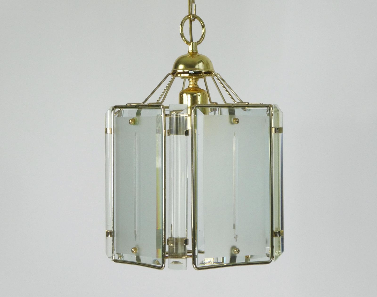 Vintage Italian Hanging Lamp With Glass Shade, Mid Century Beveled Glass Chandelier With Brass, Crystal Modern Lamp 70's photo for sale