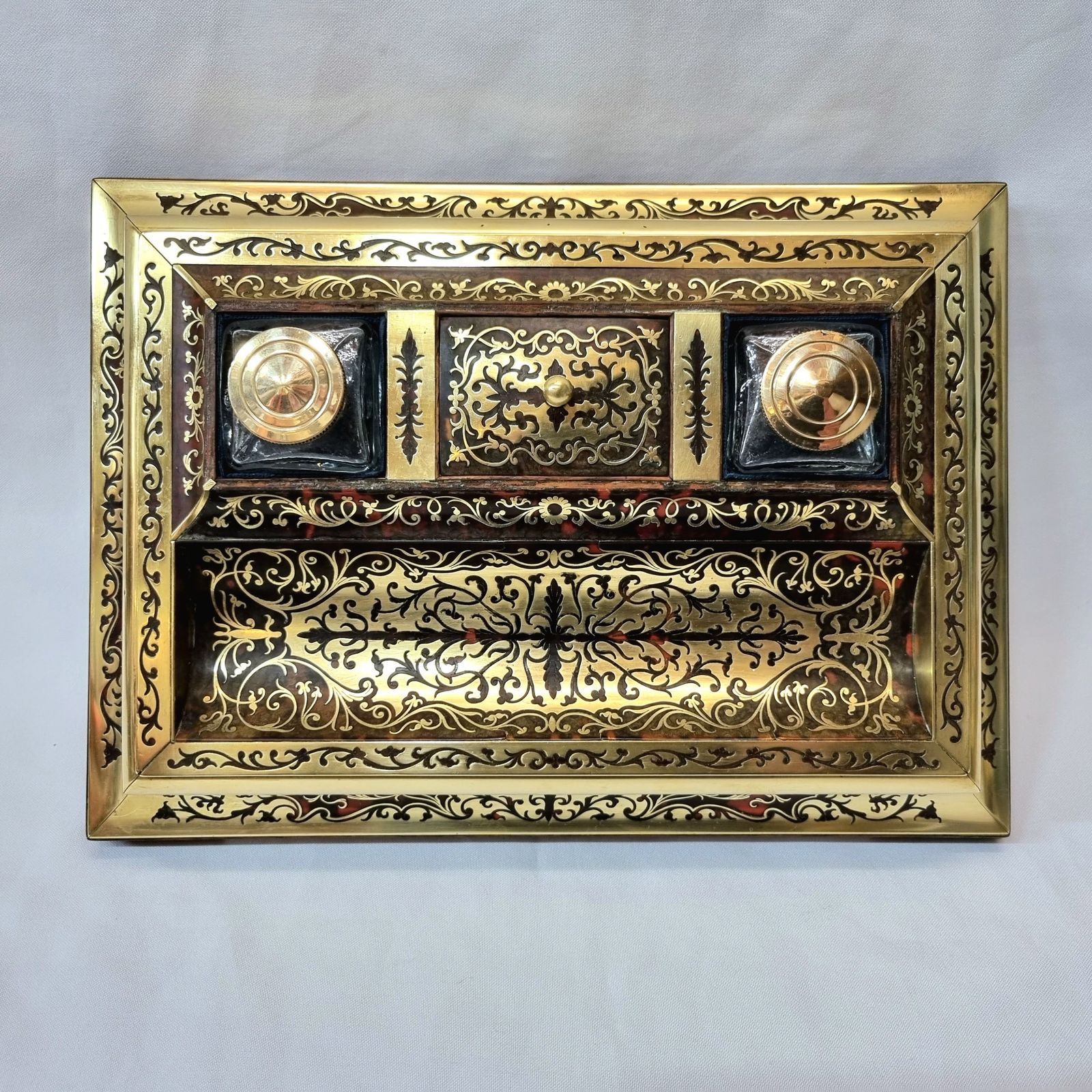 Sensational French Napoleon III Antique Boulle Work Inkstand With Twin Inkwell Inserts, Stamp Compartment And A Generously Sized Pen Well. photo for sale