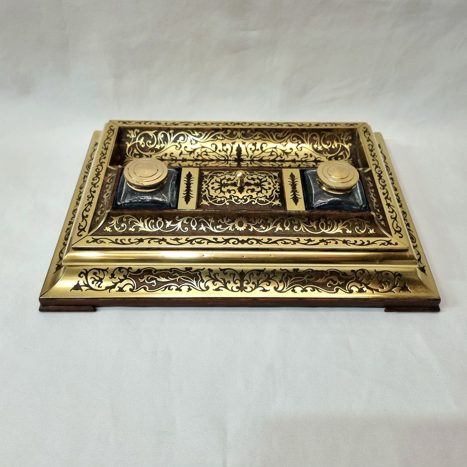 Sensational French Napoleon III Antique Boulle Work Inkstand With Twin Inkwell Inserts, Stamp Compartment And A Generously Sized Pen Well. photo Home Decor