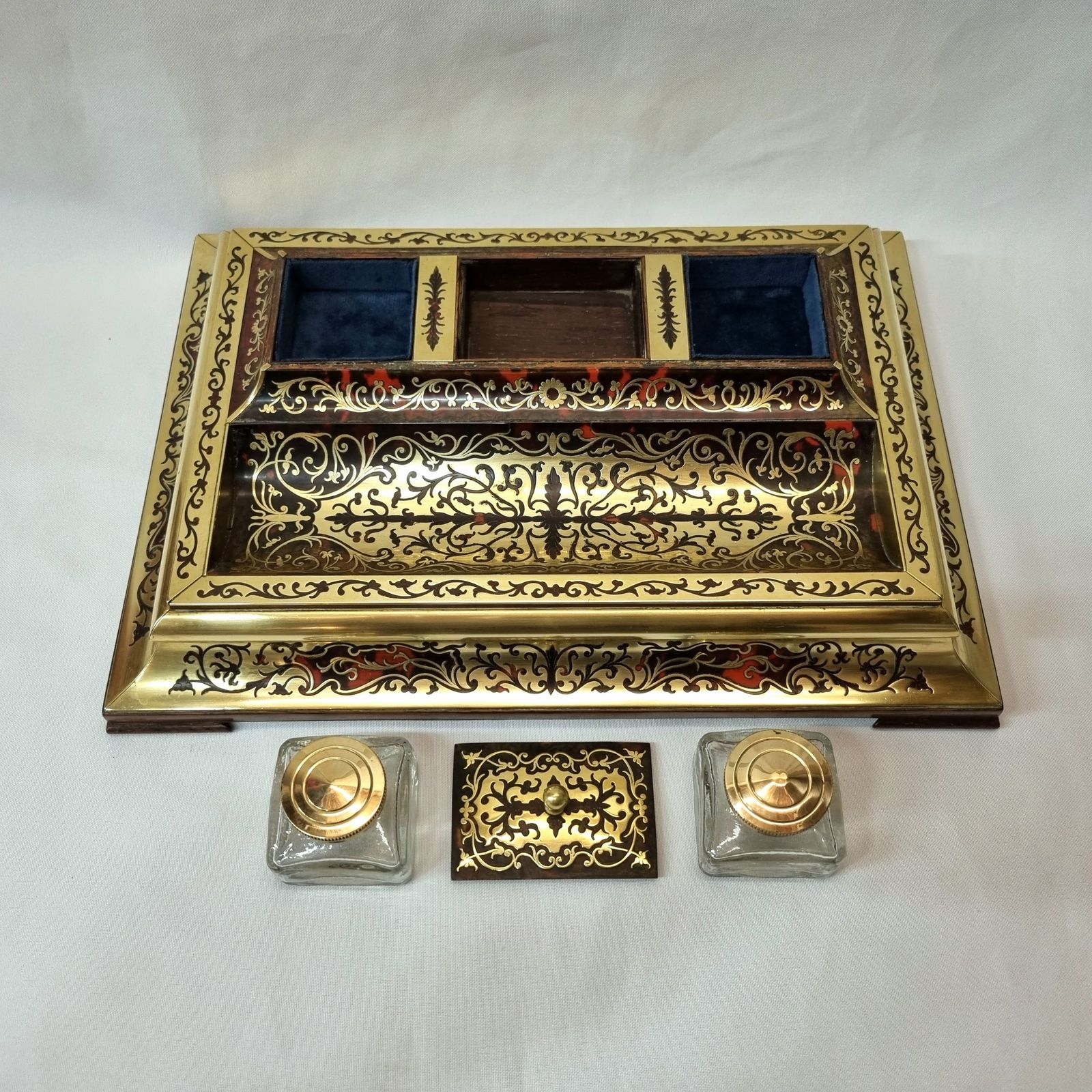 Sensational French Napoleon III Antique Boulle Work Inkstand With Twin Inkwell Inserts, Stamp Compartment And A Generously Sized Pen Well. photo vintage