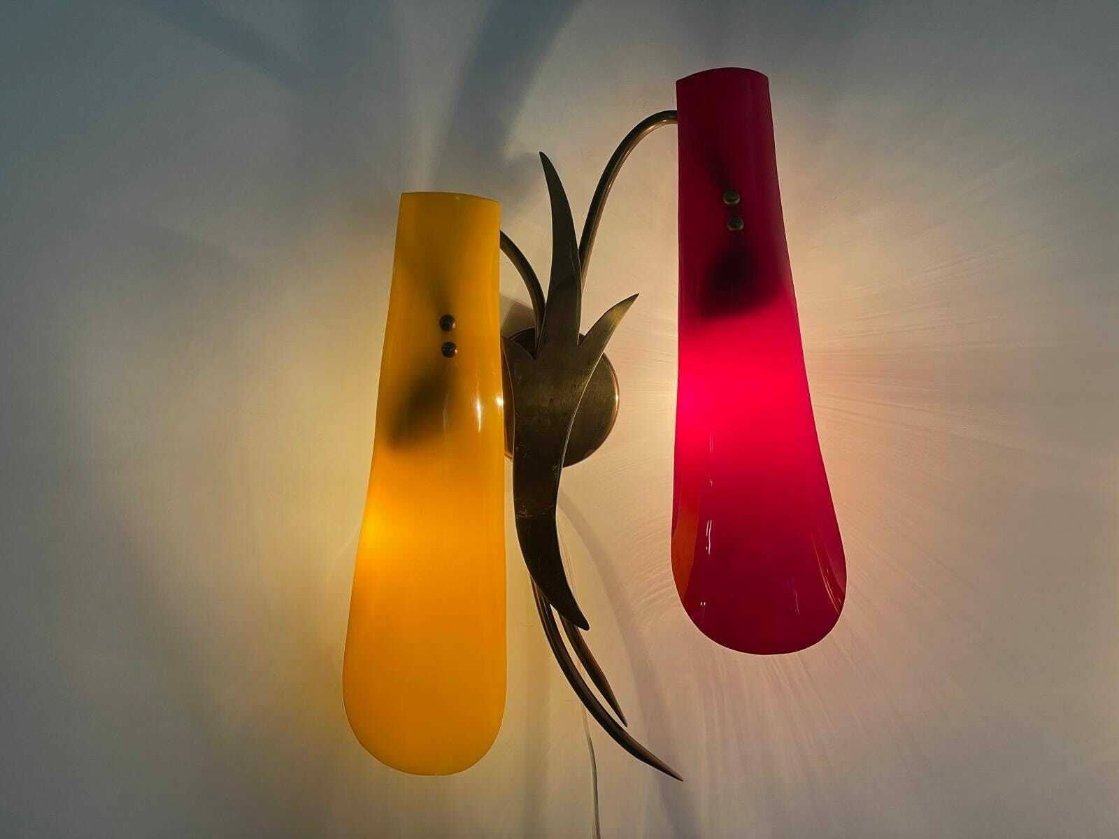 photo for sale Red And Yellow Plexiglass Shade And Brass Pair Of Sconces, 1950s, Italy