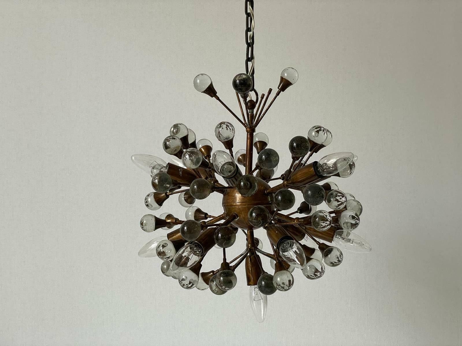 Wonderful 13 Armed Brass And Crystal Glass Atomic Chandelier By Vereinigte Werkstätten München, 1960s, Germany photo for sale
