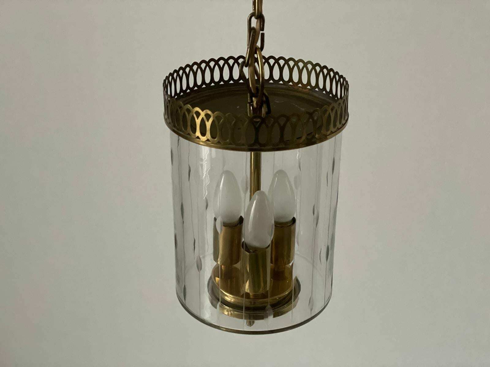 Italian Lantern Style Art Deco Glass And Brass Ceiling Lamp, 1950s, Italy photo vinterior