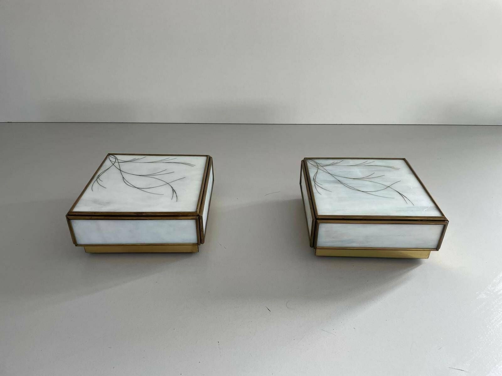 Italian Art Glass Square Shaped Pair Of Sconces With Brass Frame, 1960s, Italy