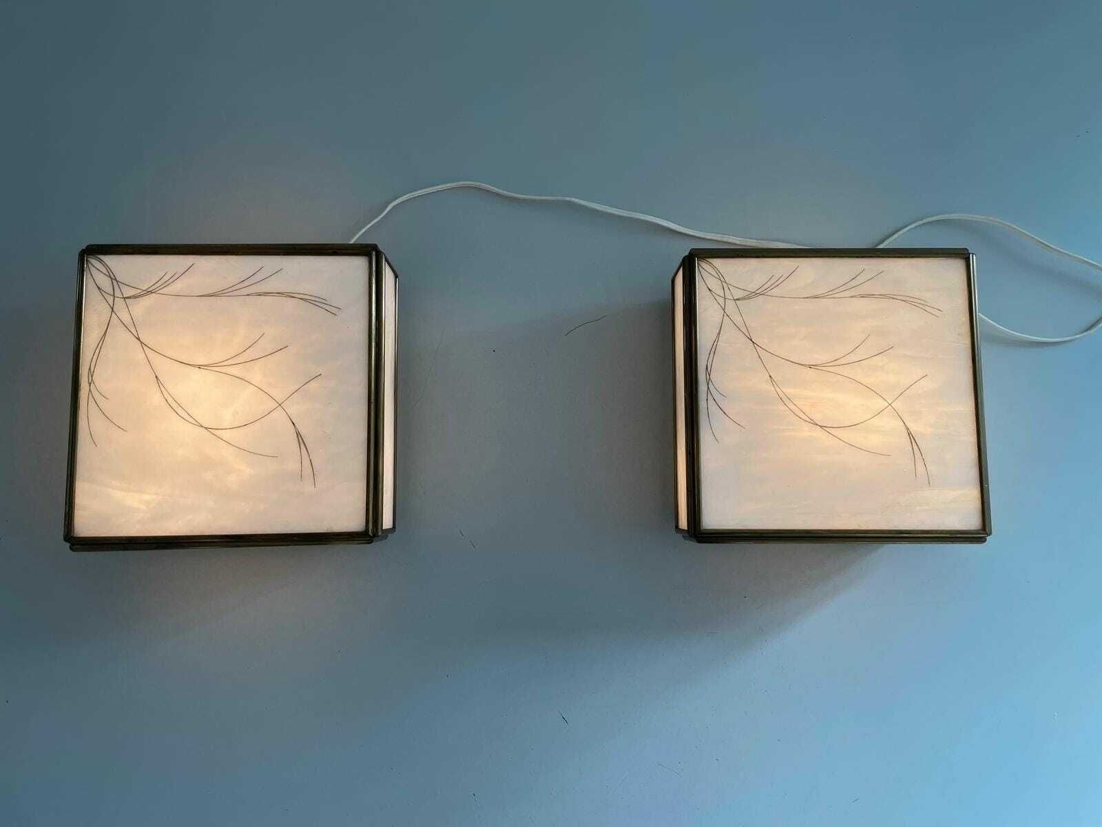 Italian Art Glass Square Shaped Pair Of Sconces With Brass Frame, 1960s, Italy photo vinterior
