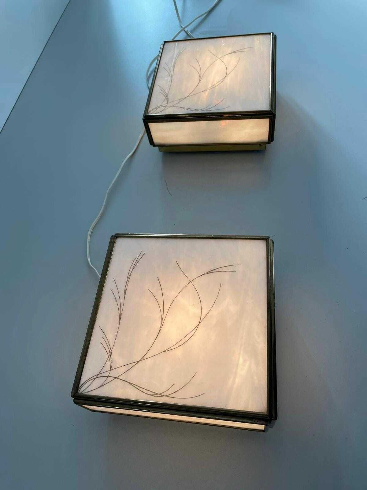 photo for sale Italian Art Glass Square Shaped Pair Of Sconces With Brass Frame, 1960s, Italy