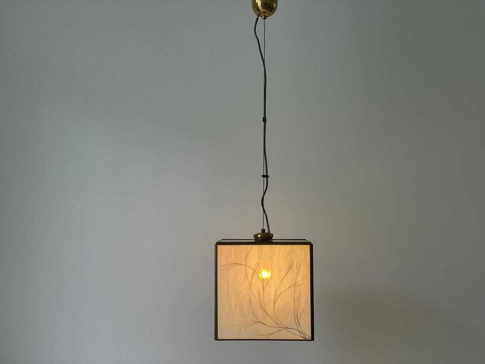 Italian Art Glass Square Shaped Ceiling Lamp With Brass Frame, 1960s, Italy photo furniture