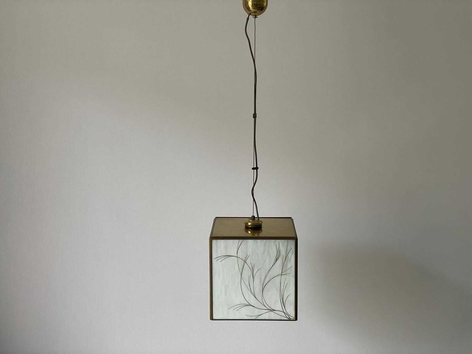 Italian Art Glass Square Shaped Ceiling Lamp With Brass Frame, 1960s, Italy photo for sale