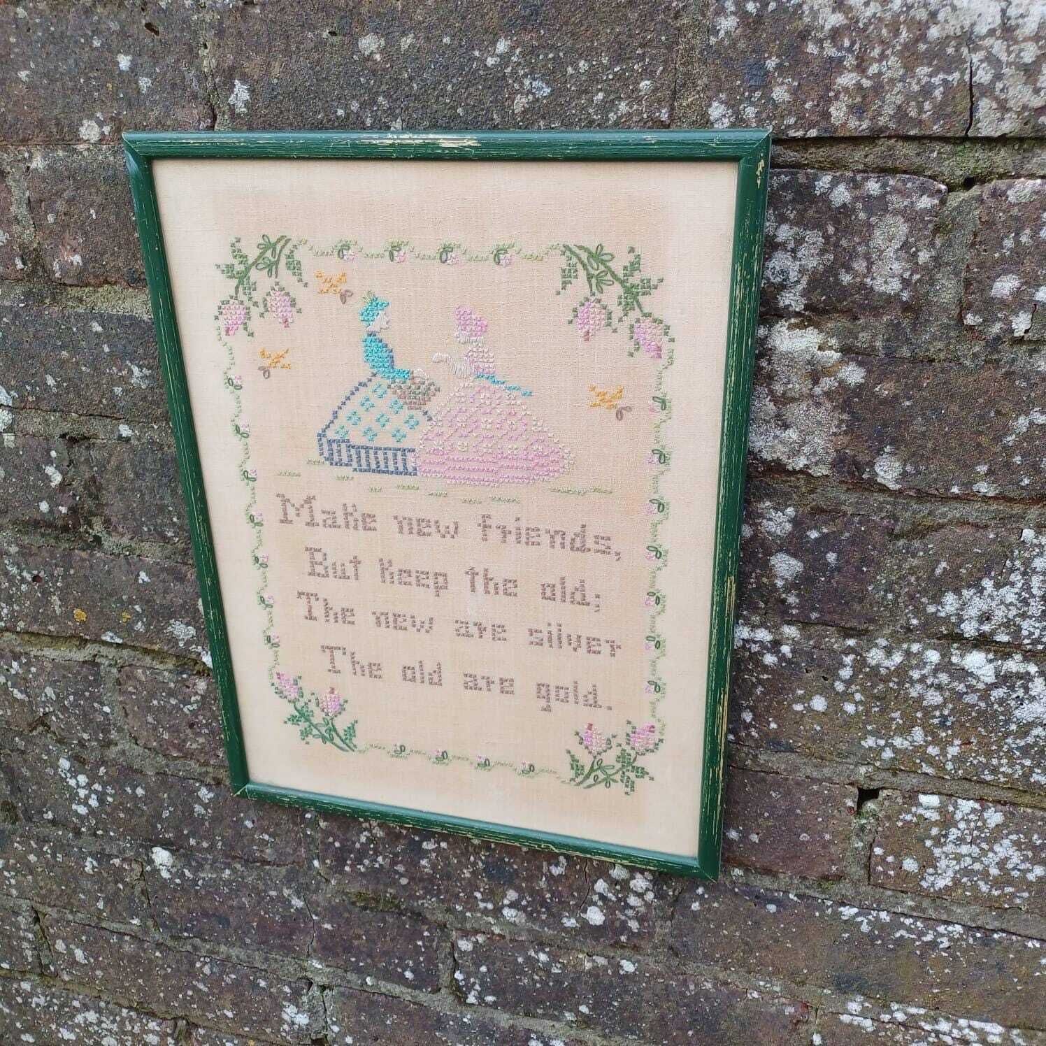 Antique Cross Stitch (Needlework) Of Friends Saying   Vintage Glazed Frame photo Art