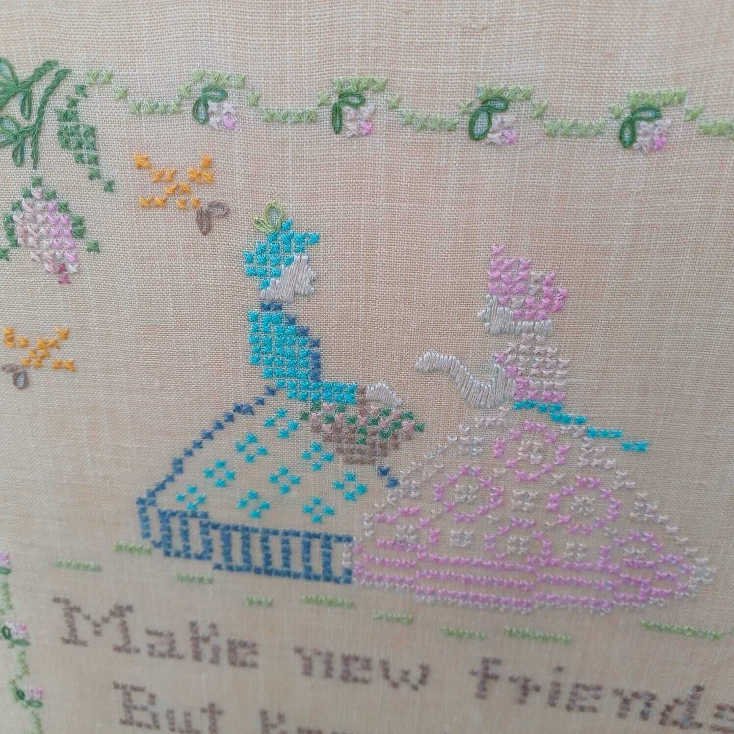 Antique Cross Stitch (Needlework) Of Friends Saying   Vintage Glazed Frame photo vintage