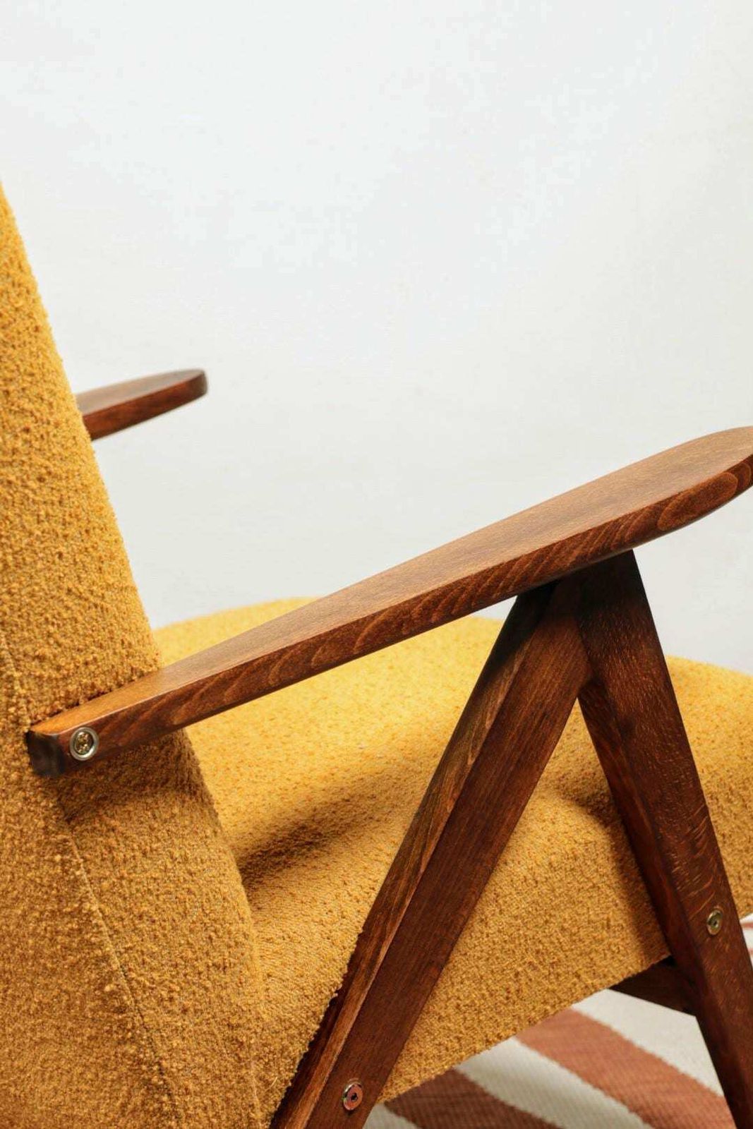 Mid   Century Armchair Yellow Color Boucle Scandinavian Design Wooden Lounge Chair photo Furniture