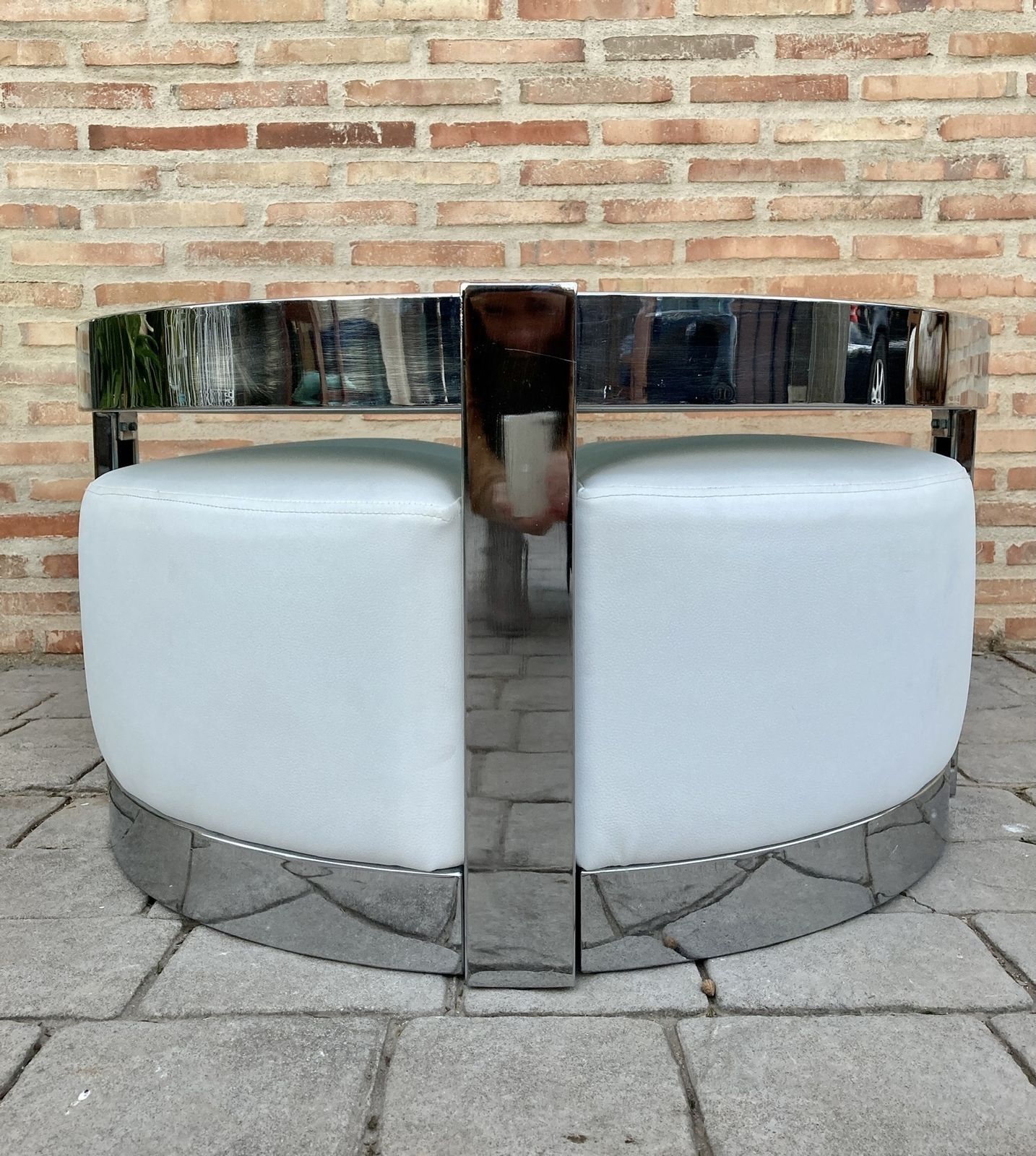 Vintage Set Round Smoked Glass And Steel Coffee Or Side Table With Four Nesting Stools photo Furniture