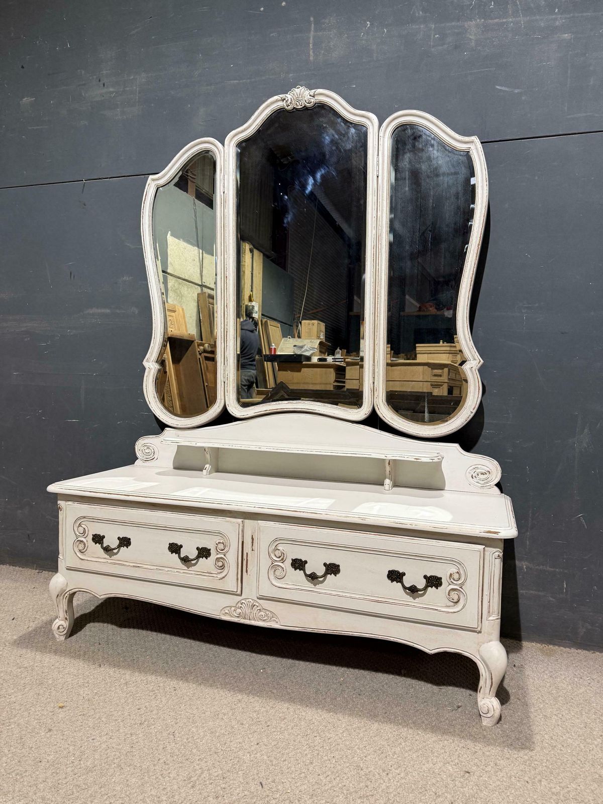 Vintage Painted French Low Dressing Table 2 Drawers & 3 Way Mirror photo furniture