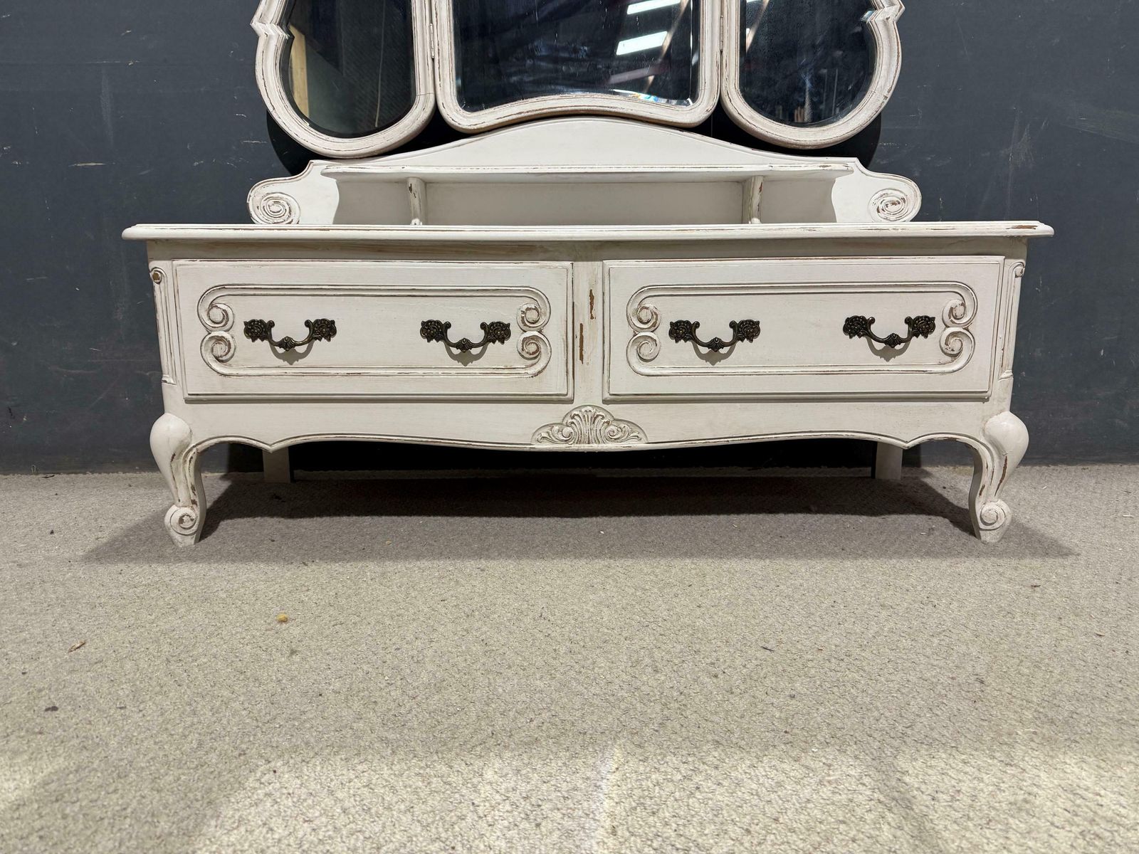Vintage Painted French Low Dressing Table 2 Drawers & 3 Way Mirror photo for sale