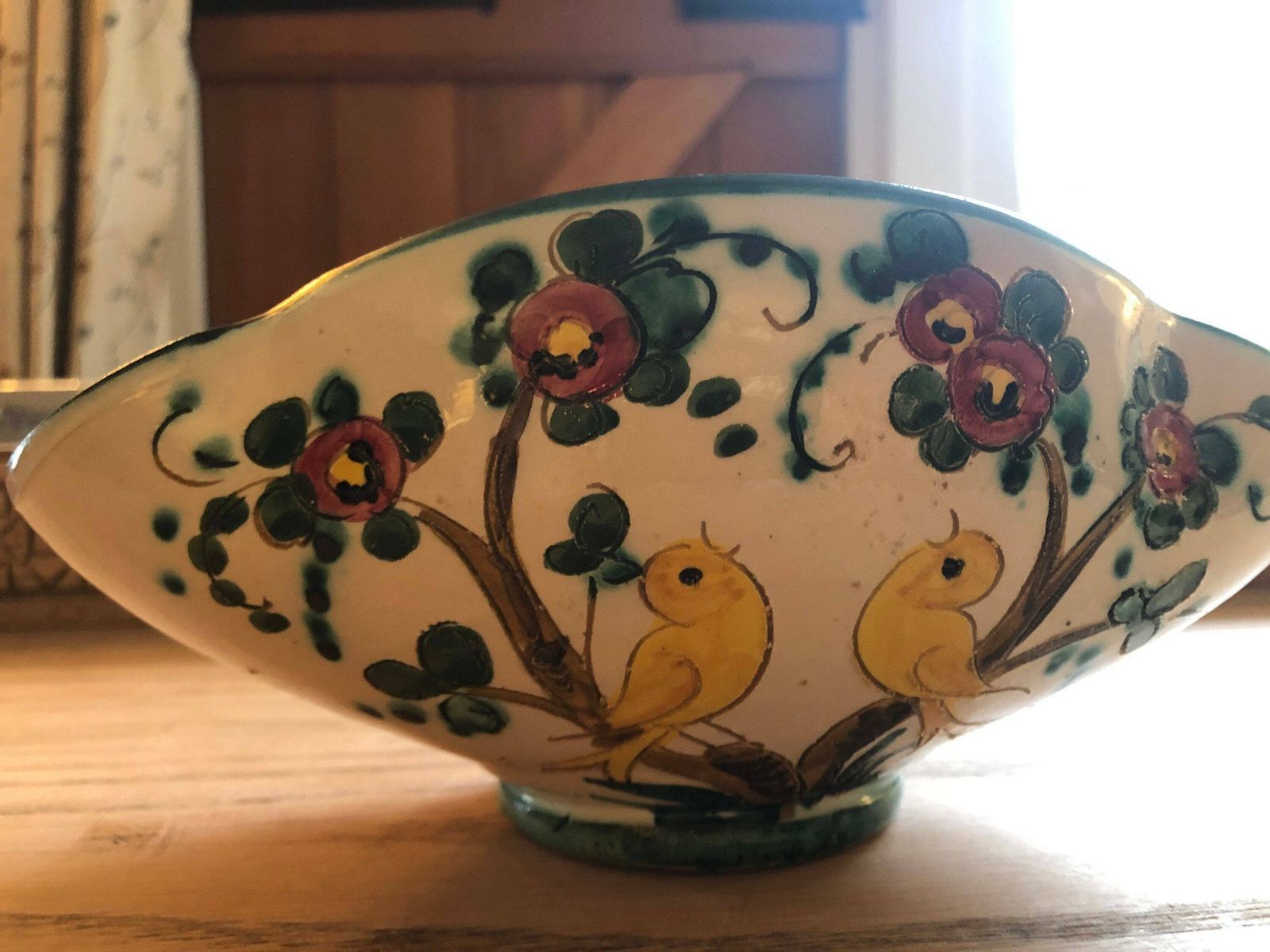 Vintage Hand Painted Italian Ceramic Yellow Singing Birds Fluted Elliptical Serving Bowl Dish Or Vase Circa Midcentrury