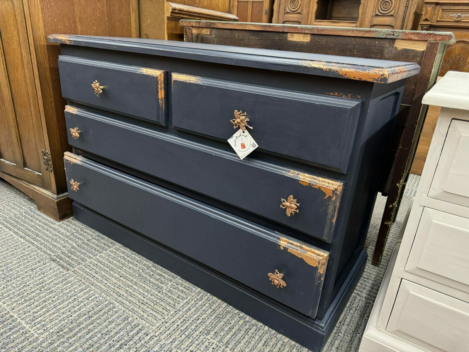 Painted Navy And Copper Leaf Solid Pine Chest Of Drawers