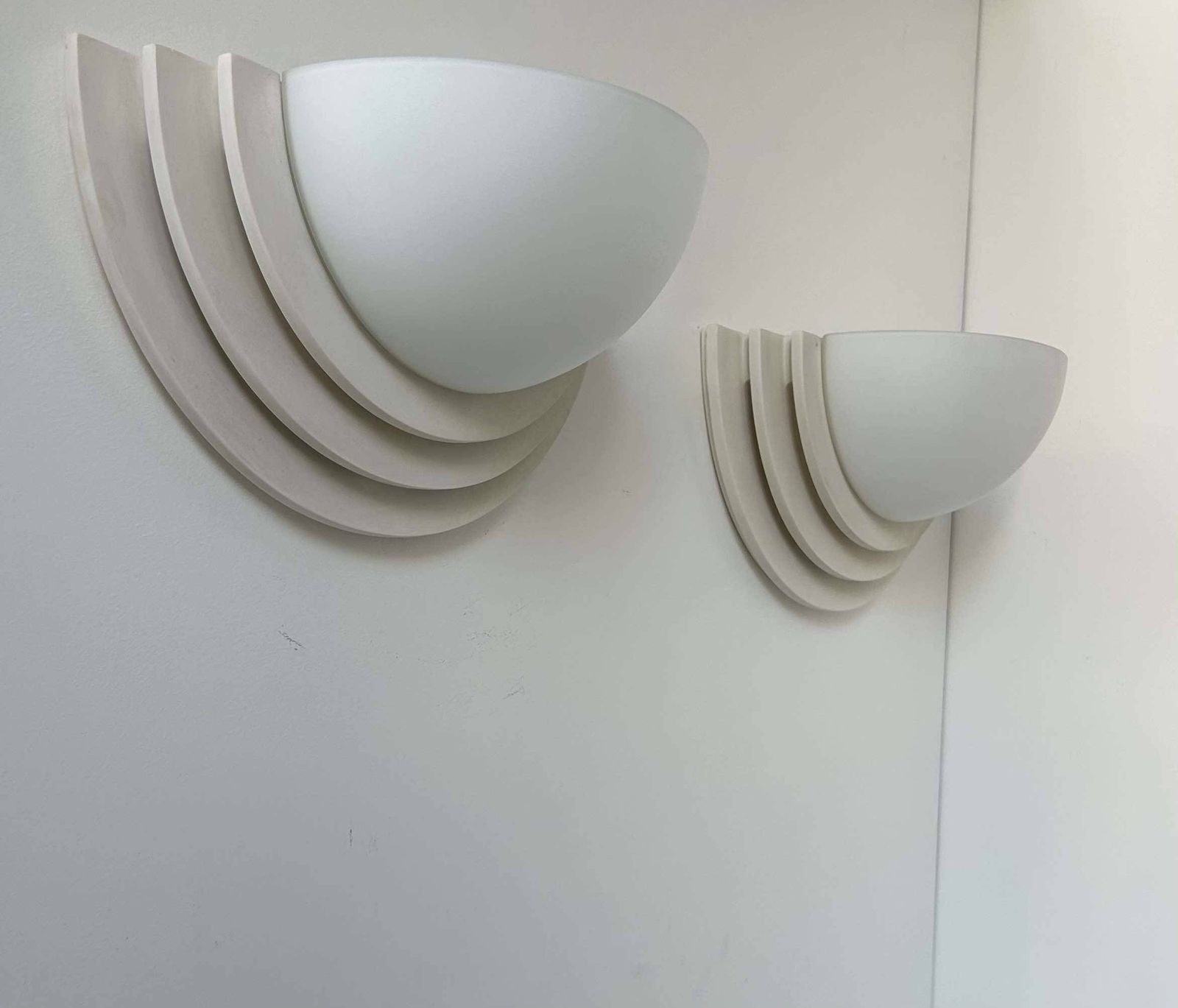Pair Of Vintage Geometric Wall Lights, Plaster And Sandblasted Glass, France 1970. photo vintage