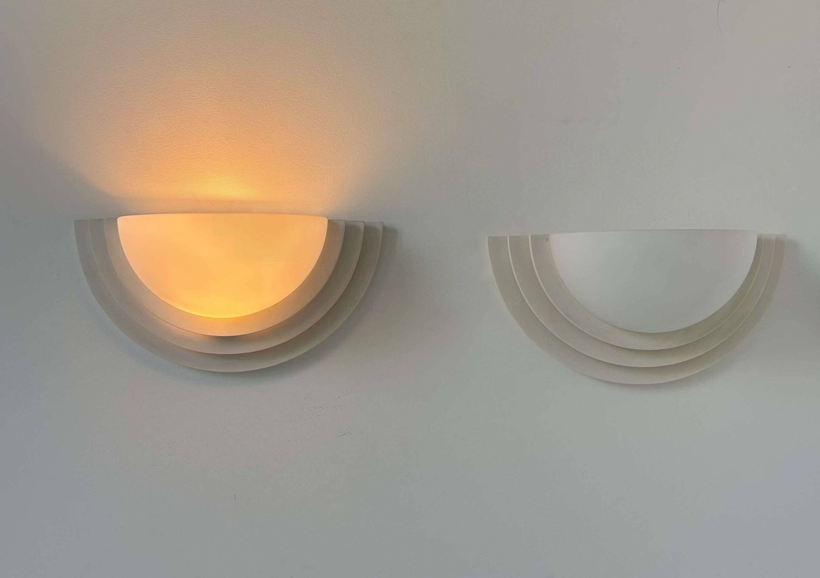 Lighting Pair Of Vintage Geometric Wall Lights, Plaster And Sandblasted Glass, France 1970. photo