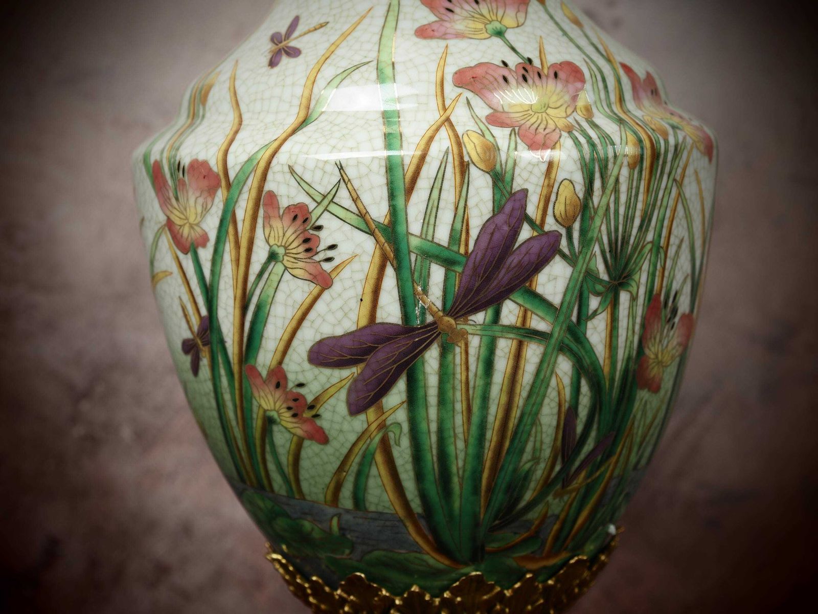 Beautiful Porcelain Vase With Bronze Dragonfly Accents photo for sale