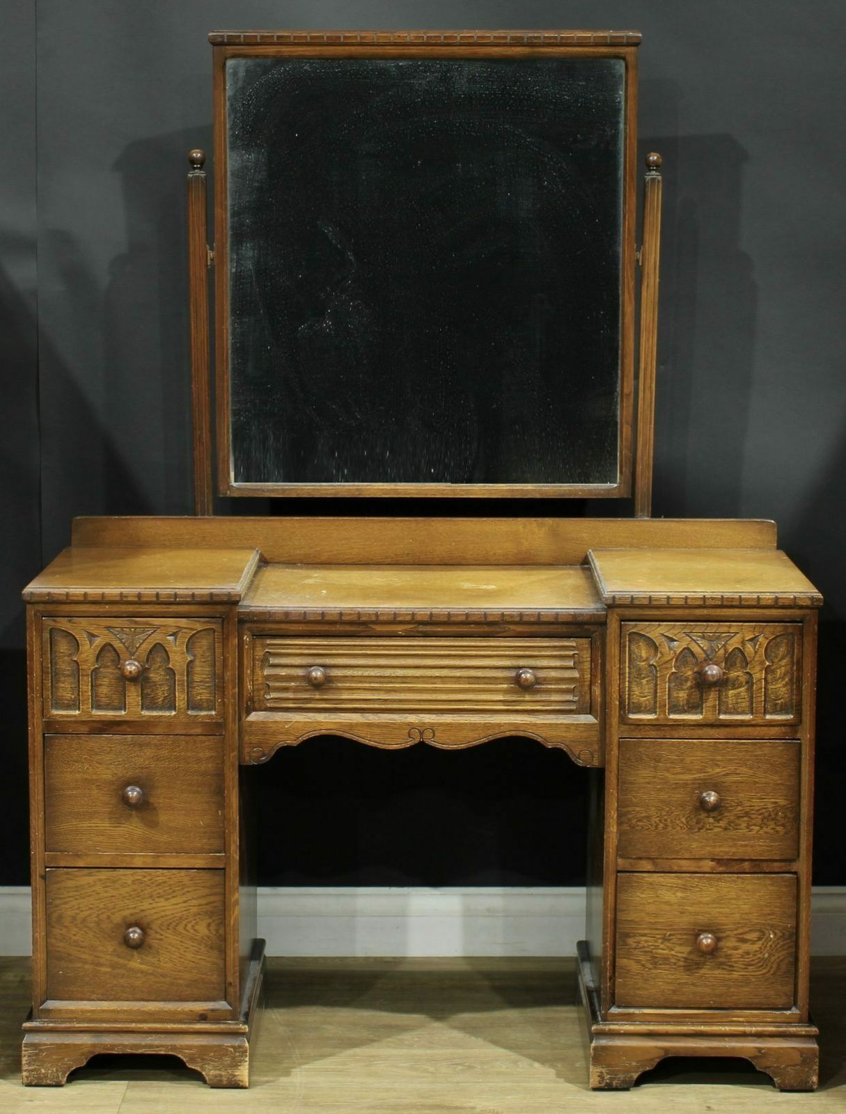 Beautiful Vintage Oak Linenfold Carved Old Charm Dressing Table And Mirror Green Gold photo vintage