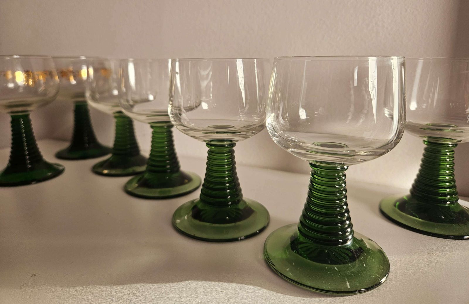 Set Of 6 Luminarc Mid Century Wine Glasses With Green 'Ring' Stems photo furniture