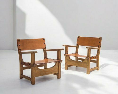 Mid Century Spanish Brutalist Armchairs In Cognac Leather, 1950s, Set Of 2 photo Furniture